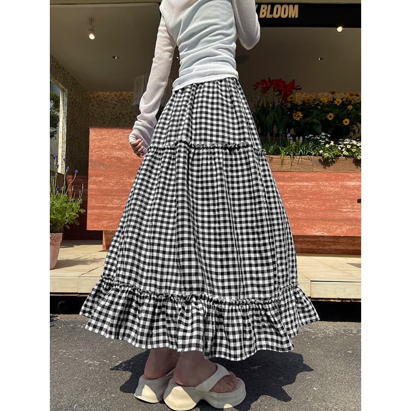 チェック服 チェック柄フリルロングスカート