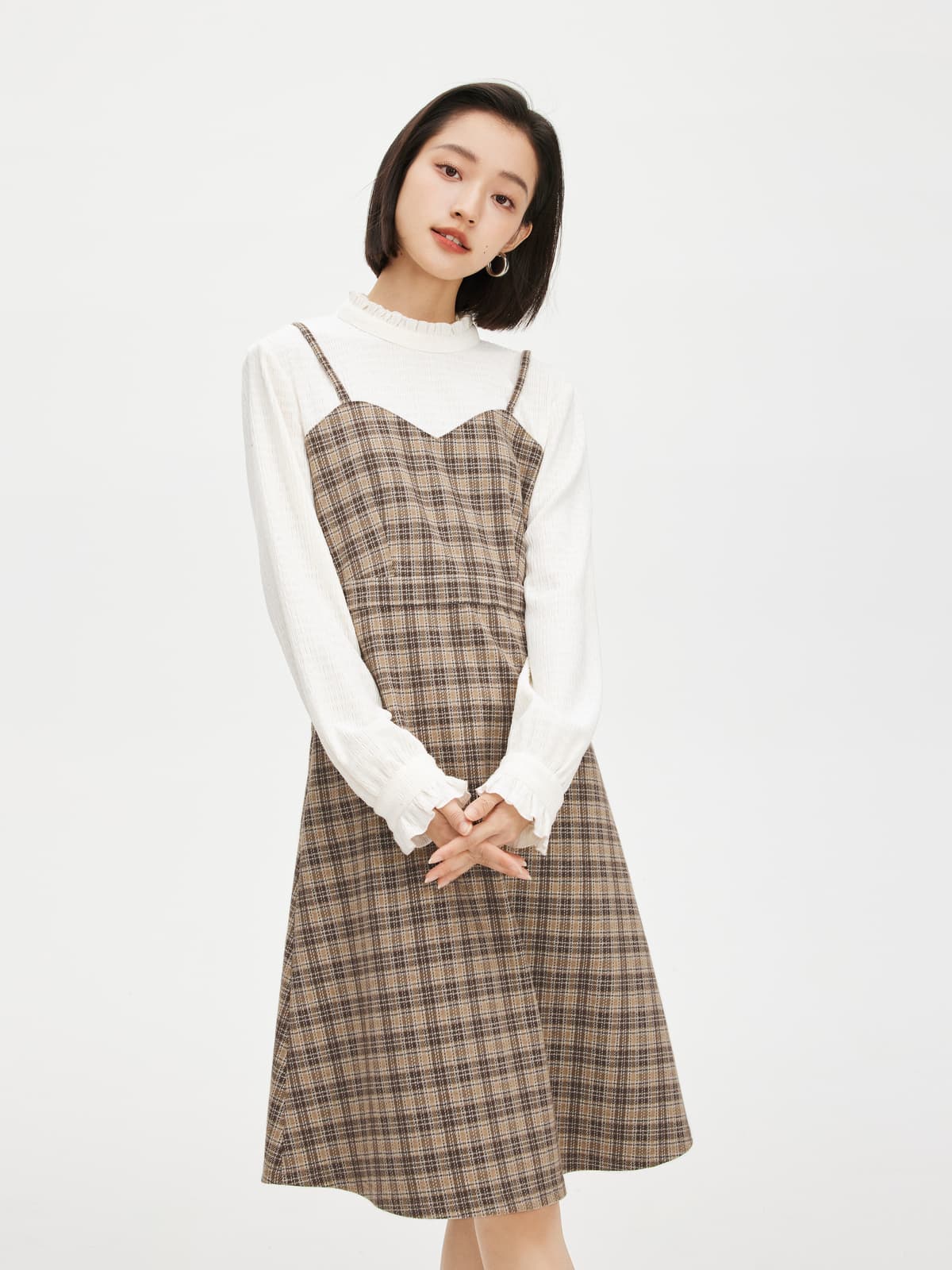 チェック服 レイヤード風チェック柄キャミワンピース
