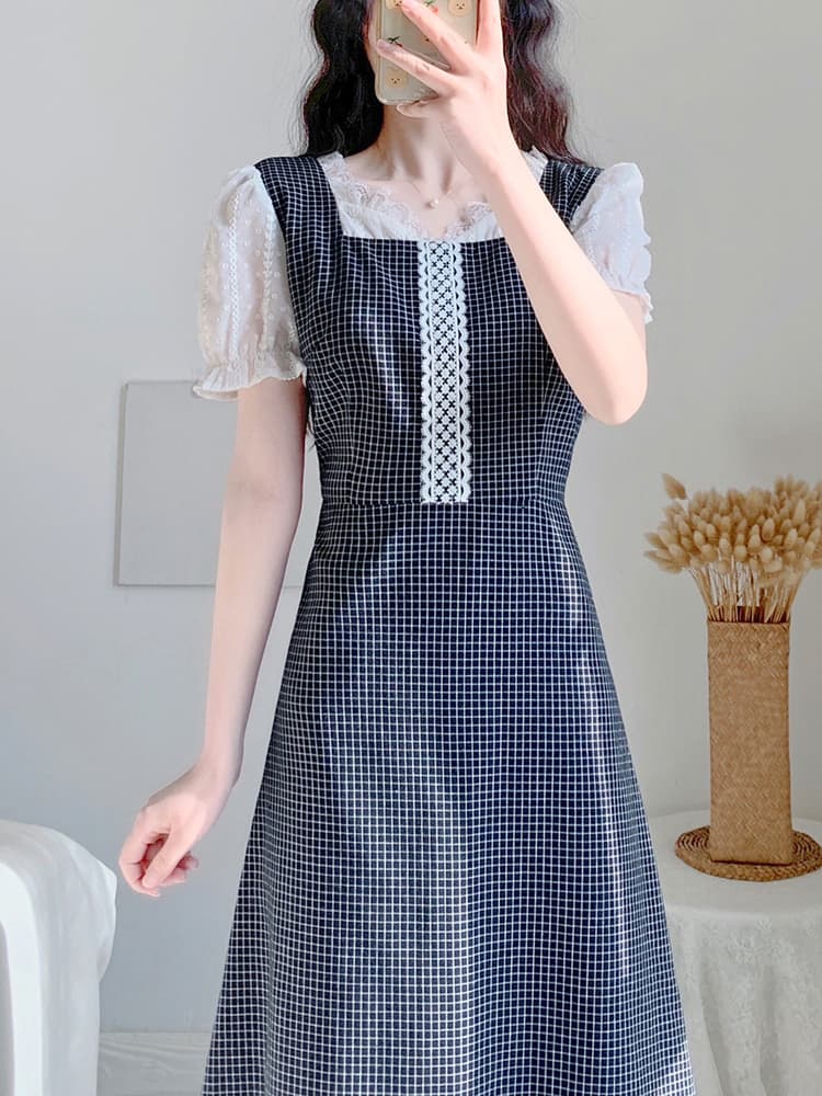 チェック服 タートルネックレイヤード風チェックワンピース