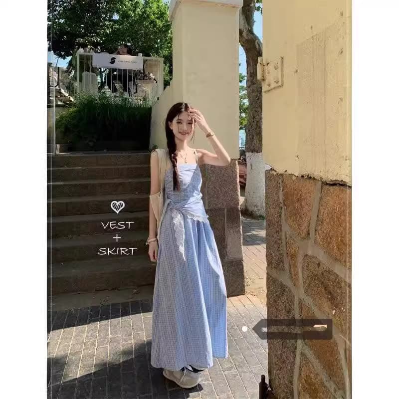 チェック柄ファッション フリルギャザーストラップワンピース