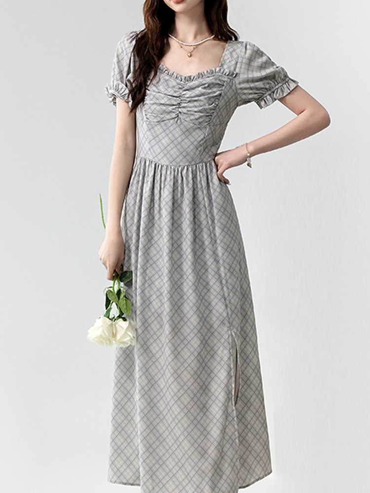 チェック服 胸元ギャザーチェック柄ワンピース