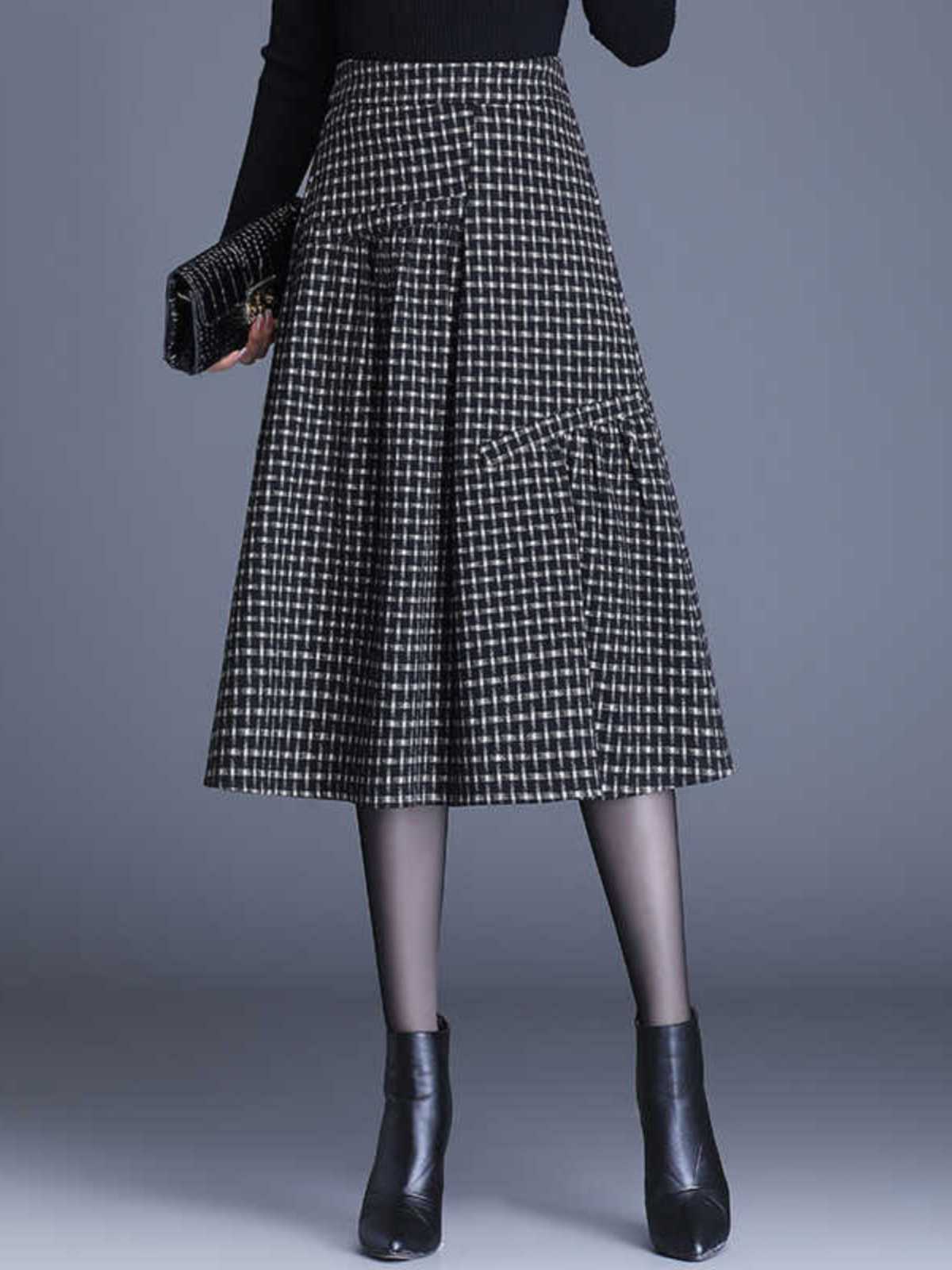チェック服 上品チェック柄フレアミディスカート