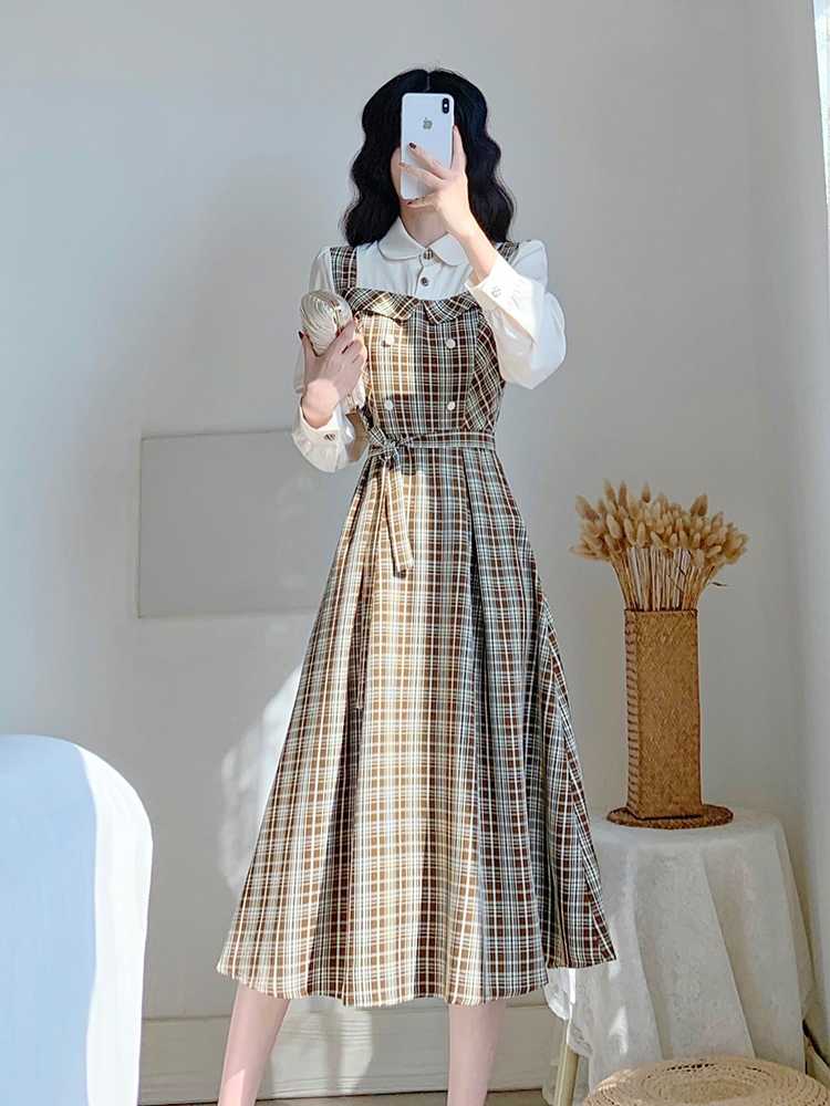 チェック服 レトロ風チェック柄レイヤード風ワンピース