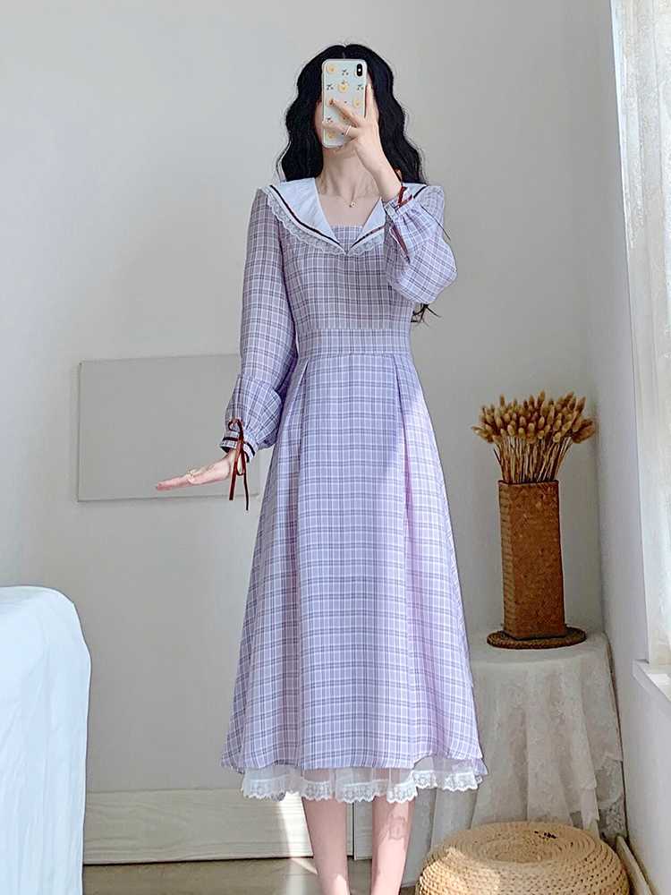 チェック服 チェック柄セーラーカラーワンピース