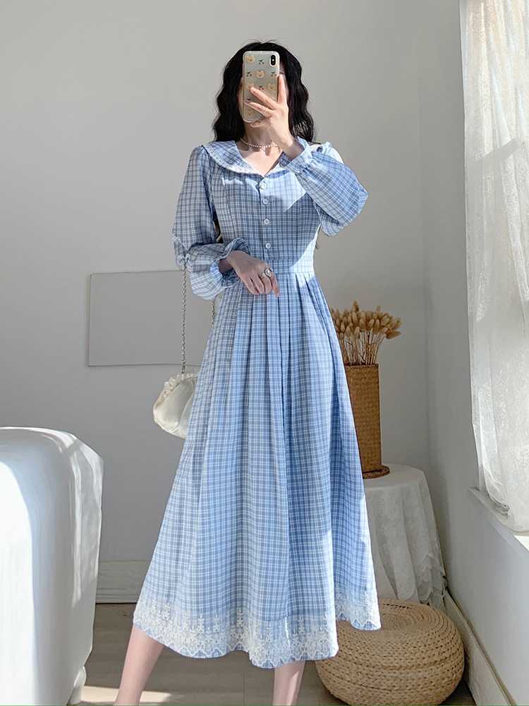 チェック服 クラシカルチェック柄レース切替フレアワンピース