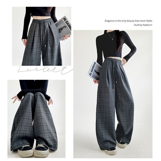 チェック 服 韓国風チェック柄ワイドパンツ レディース ゆったり