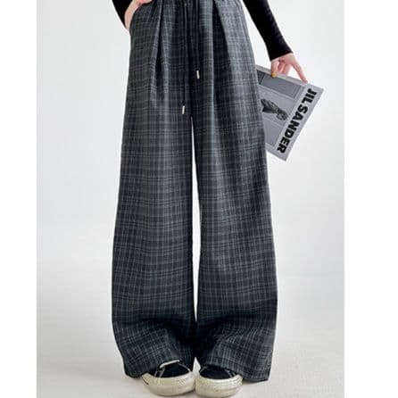 チェック 服 韓国風チェック柄ワイドパンツ レディース ゆったり