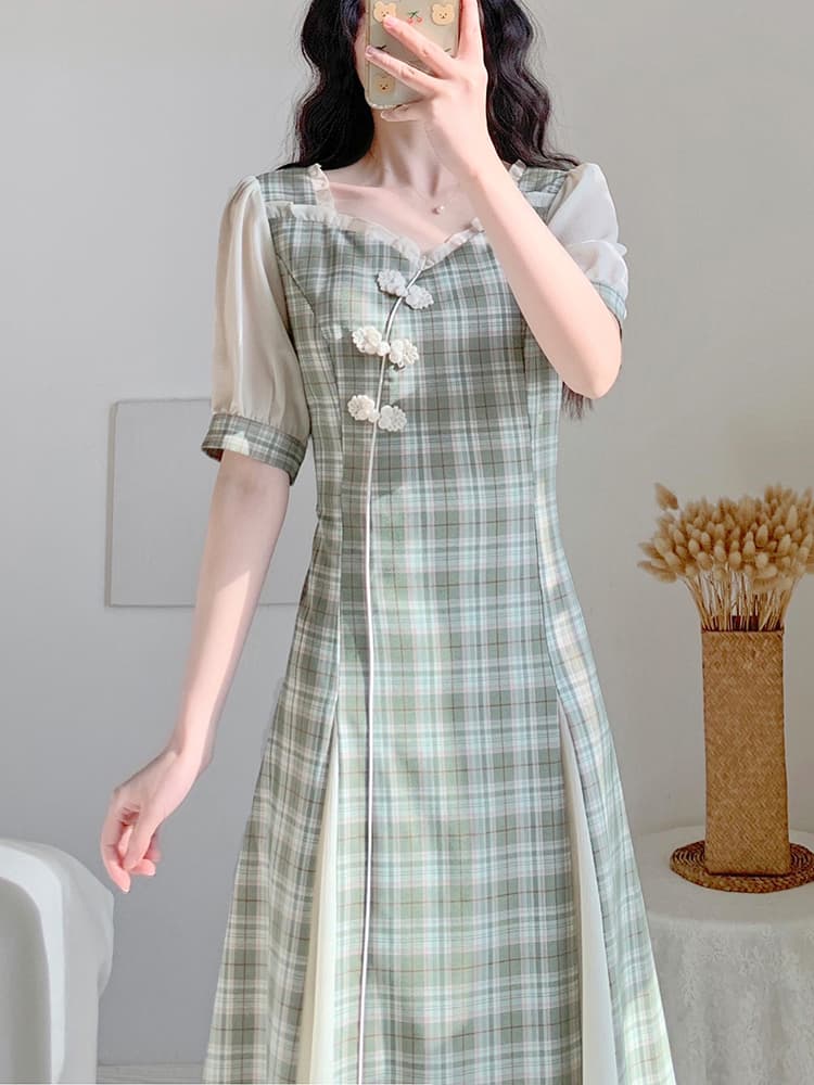 チェック服 レトロ風チェック柄改良旗袍ワンピース