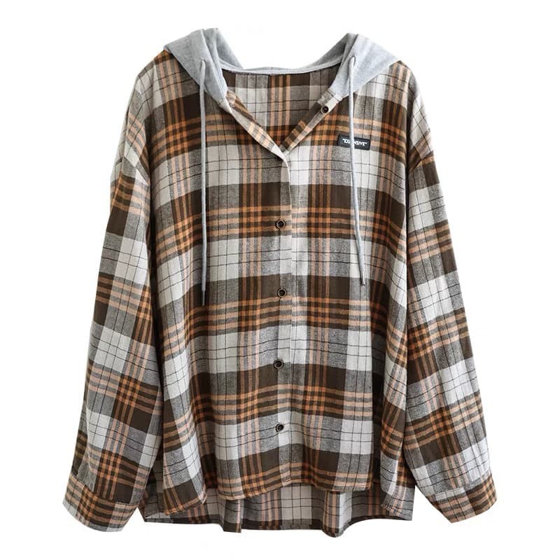 チェック 服 チェック柄フード付きブラウス韓国風長袖シャツ トップス