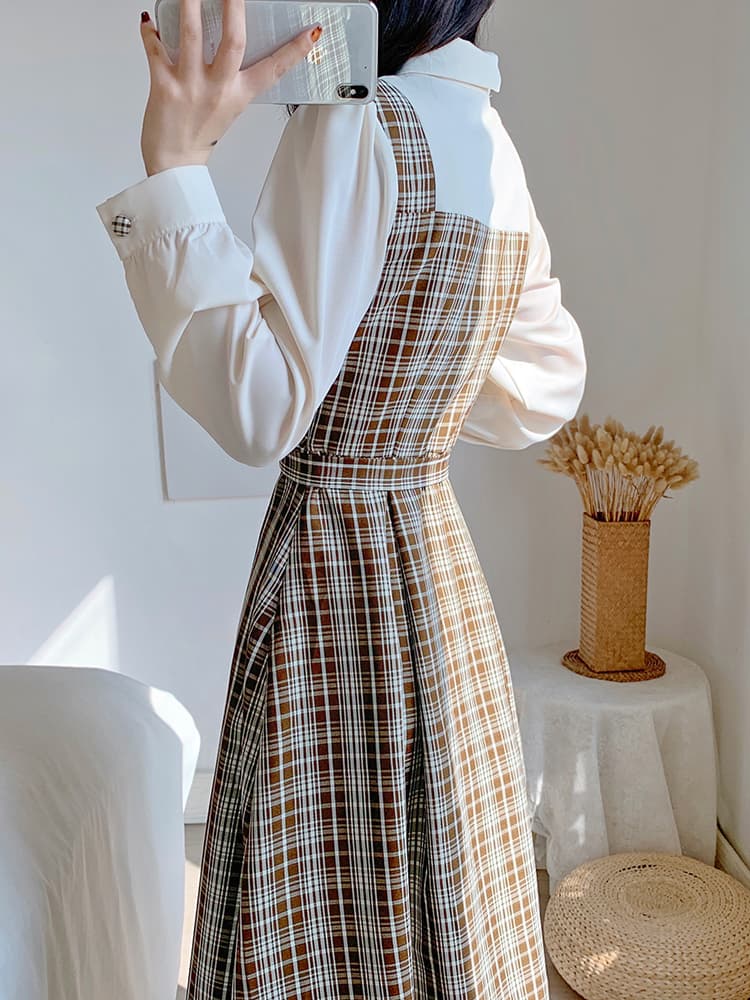 チェック服 レトロ風チェック柄レイヤード風ワンピース