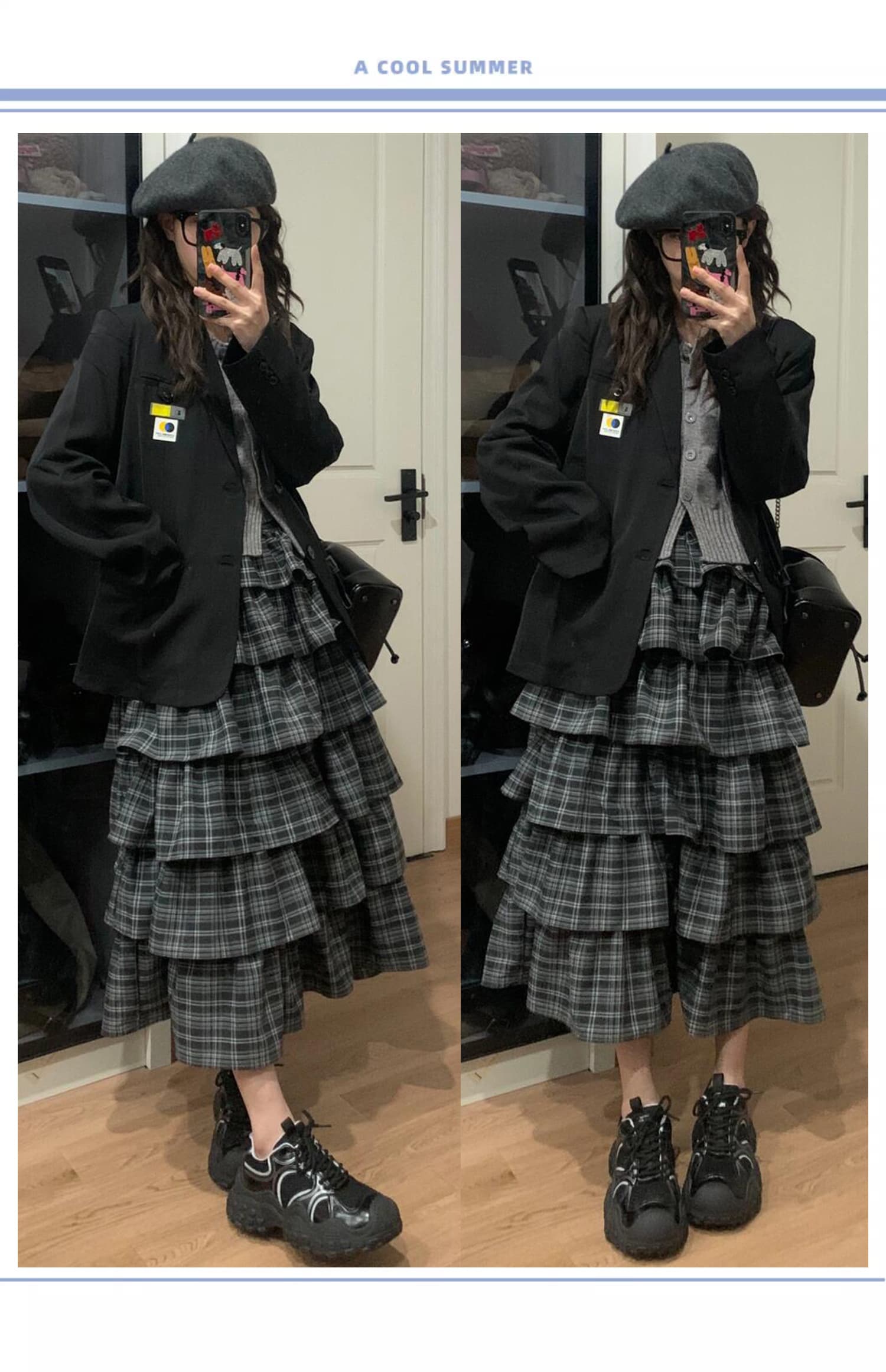チェック柄ファッション チェック柄ティアードロングスカート