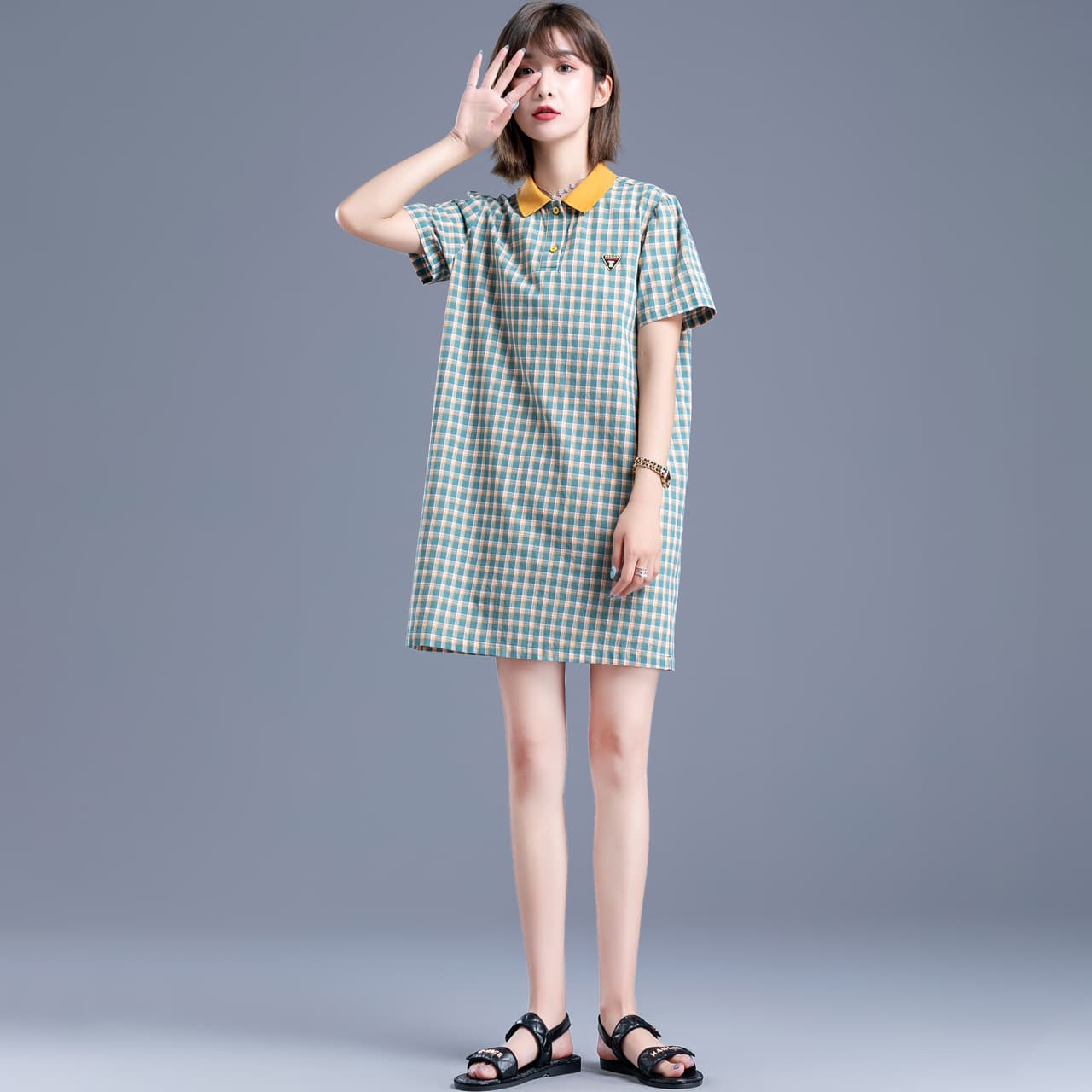 チェック服 チェック柄襟付きワンピース