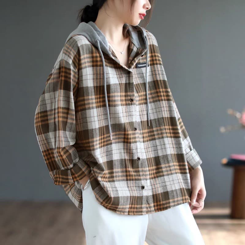 チェック 服 チェック柄フード付きブラウス韓国風長袖シャツ トップス
