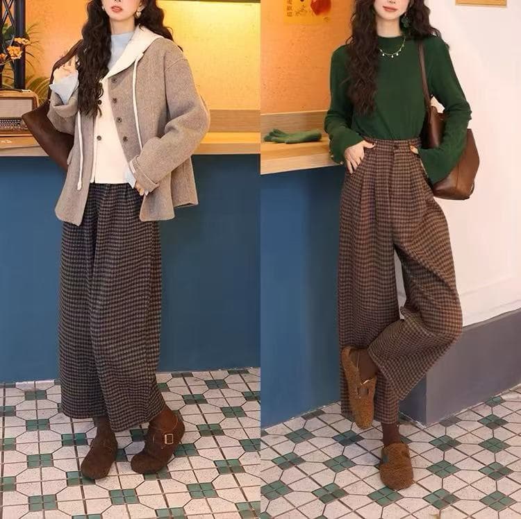 チェック柄ファッション レトロチェックウエストゴムストレートパンツ