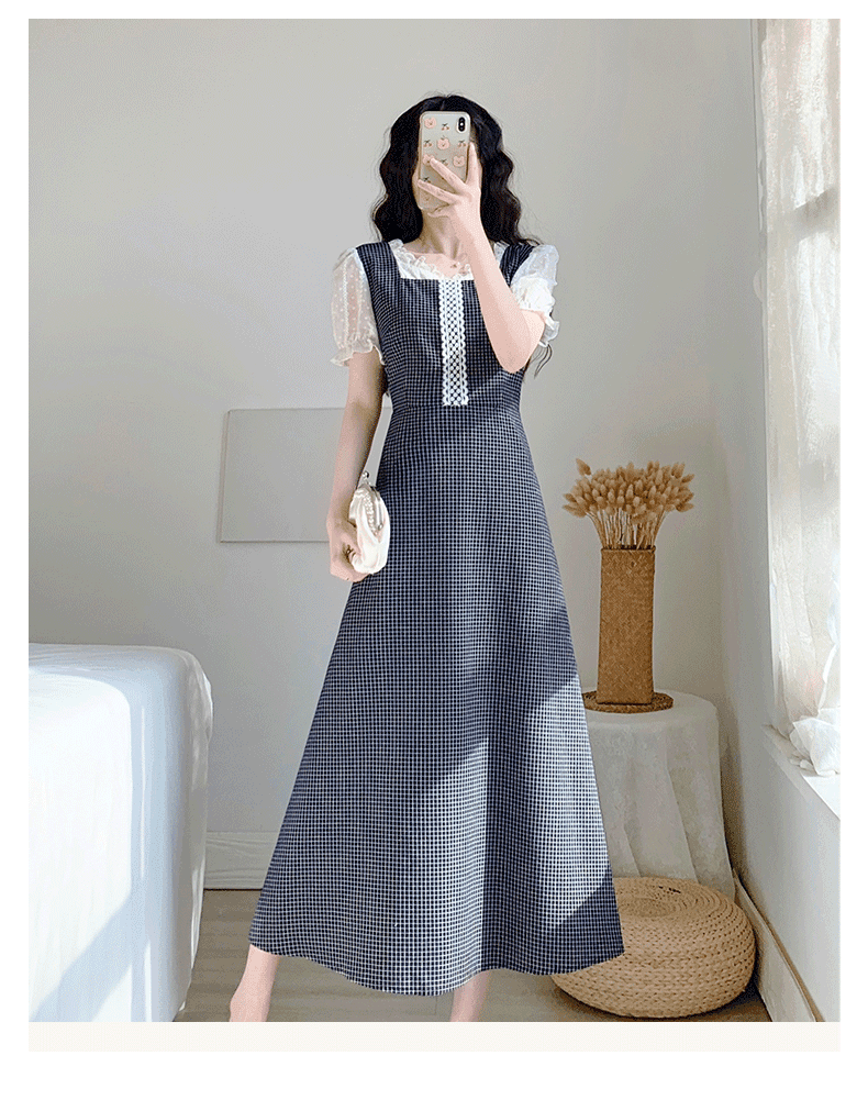 チェック服 タートルネックレイヤード風チェックワンピース