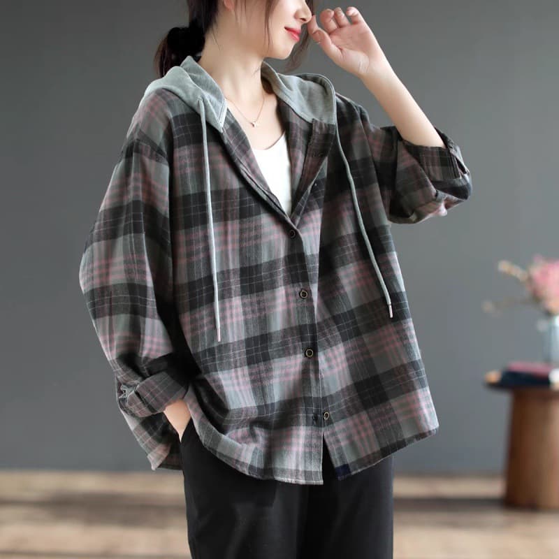 チェック 服 チェック柄フード付きブラウス韓国風長袖シャツ トップス