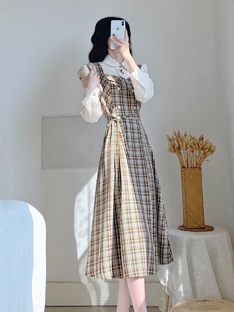 チェック服 レトロ風チェック柄レイヤード風ワンピース