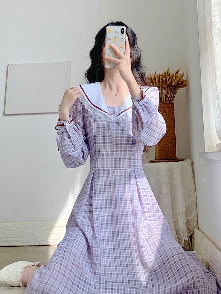 チェック服 チェック柄セーラーカラーワンピース