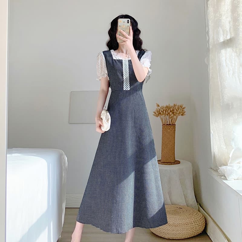 チェック服 タートルネックレイヤード風チェックワンピース