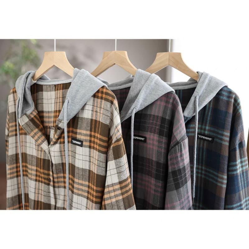 チェック 服 チェック柄フード付きブラウス韓国風長袖シャツ トップス