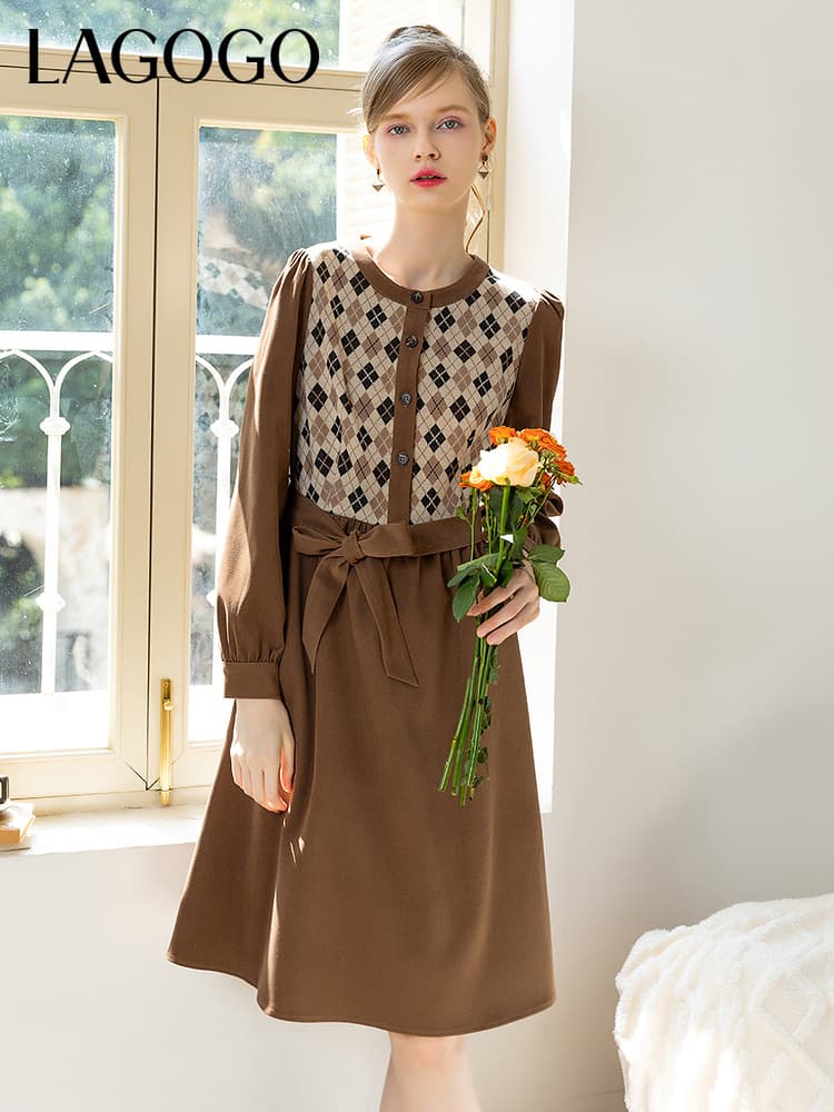 チェック服 チェック切替ウエストリボンワンピース