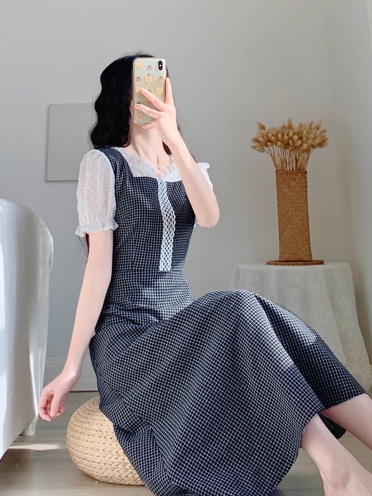 チェック服 タートルネックレイヤード風チェックワンピース