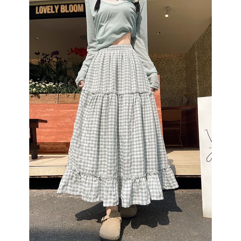 チェック服 チェック柄フリルロングスカート