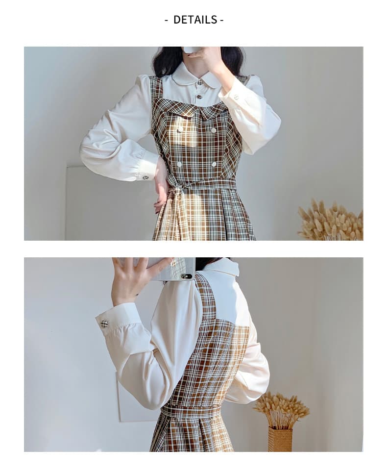 チェック服 レトロ風チェック柄レイヤード風ワンピース