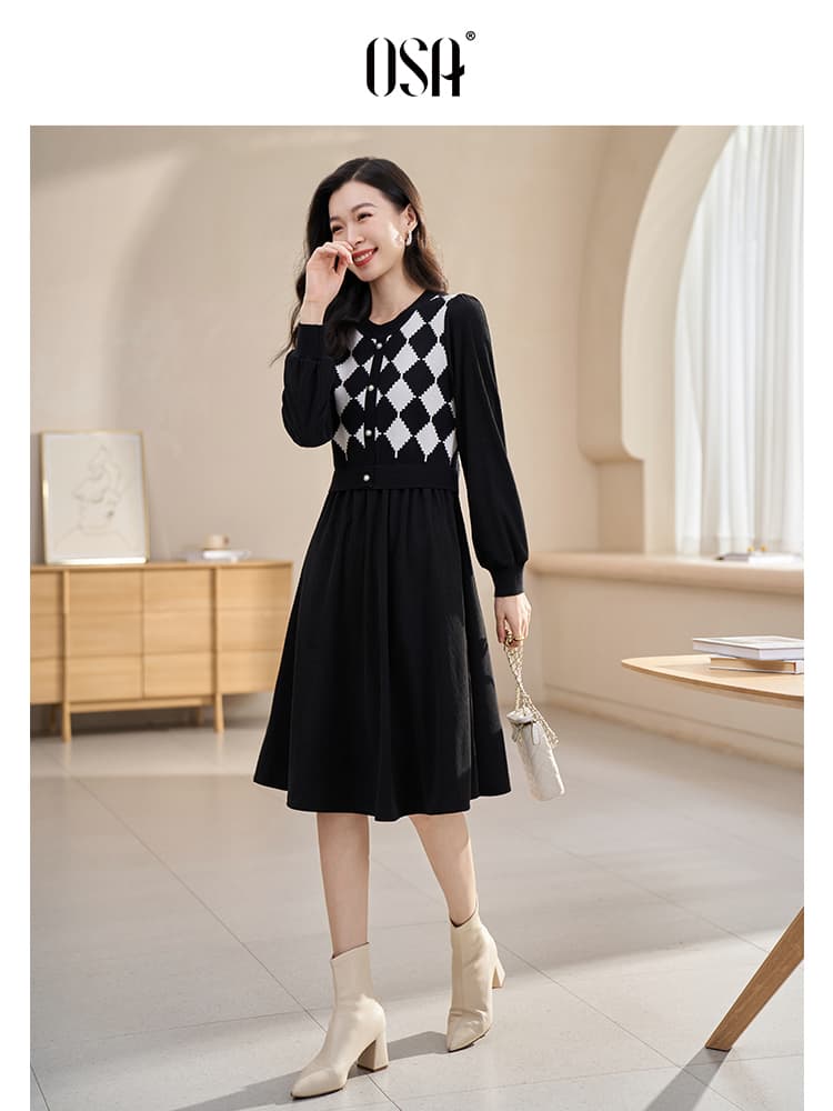 チェック服 菱格チェック柄レイヤード風ワンピース
