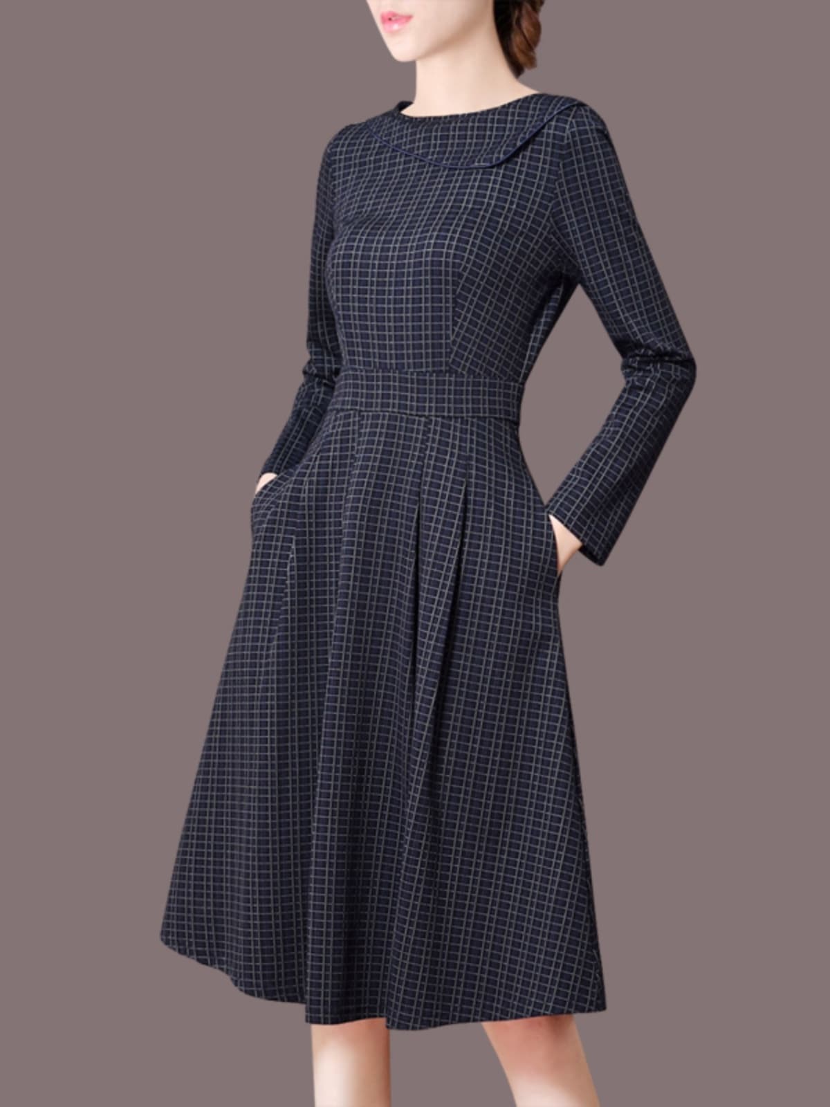 チェック服 レトロ風チェック柄フレアワンピース