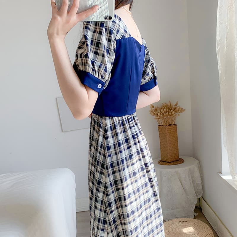 チェック柄ファッション 乙女心くすぐるパフスリーブリボンワンピース