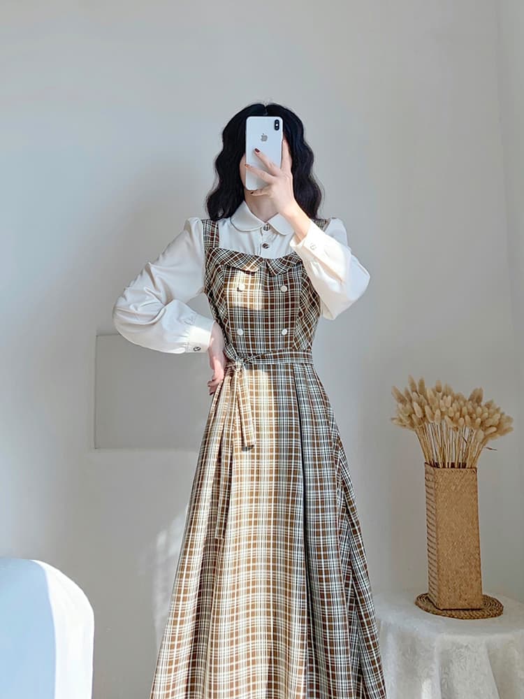 チェック服 レトロ風チェック柄レイヤード風ワンピース