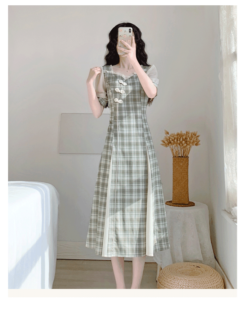 チェック服 レトロ風チェック柄改良旗袍ワンピース