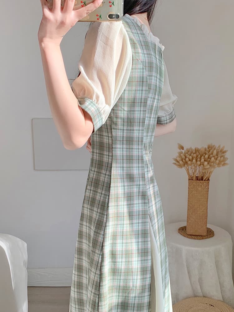 チェック服 レトロ風チェック柄改良旗袍ワンピース