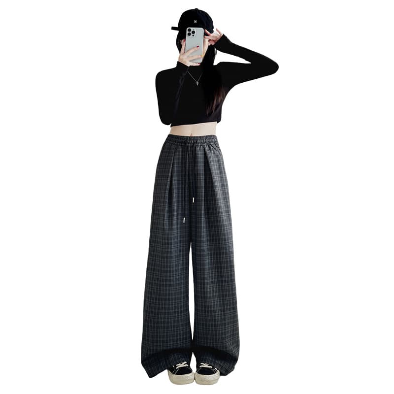 チェック 服 韓国風チェック柄ワイドパンツ レディース ゆったり