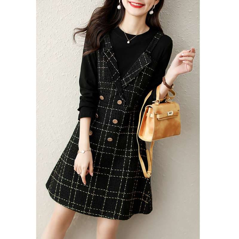 チェック柄ファッション エレガントなツイード風格子柄ワンピース