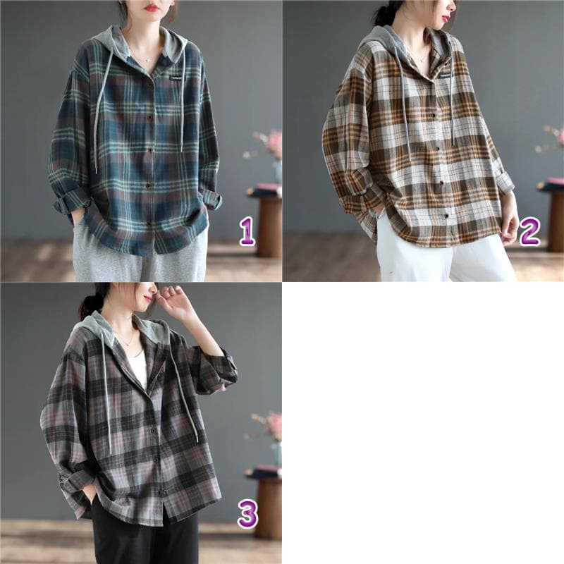 チェック 服 チェック柄フード付きブラウス韓国風長袖シャツ トップス