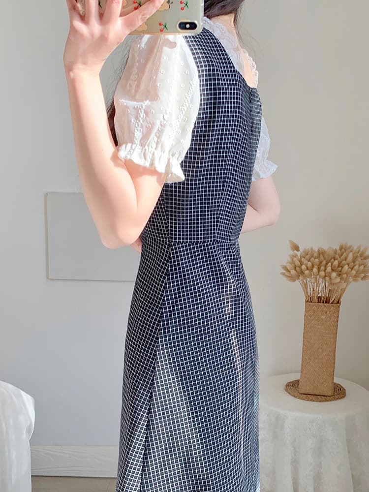チェック服 タートルネックレイヤード風チェックワンピース