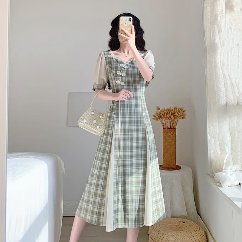 チェック服 レトロ風チェック柄改良旗袍ワンピース