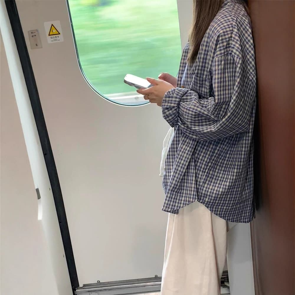 チェック 服 秋冬レディースゆったりチェック柄長袖シャツブラウス トップス