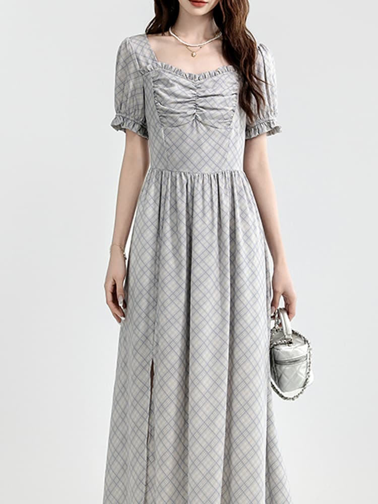 チェック服 胸元ギャザーチェック柄ワンピース