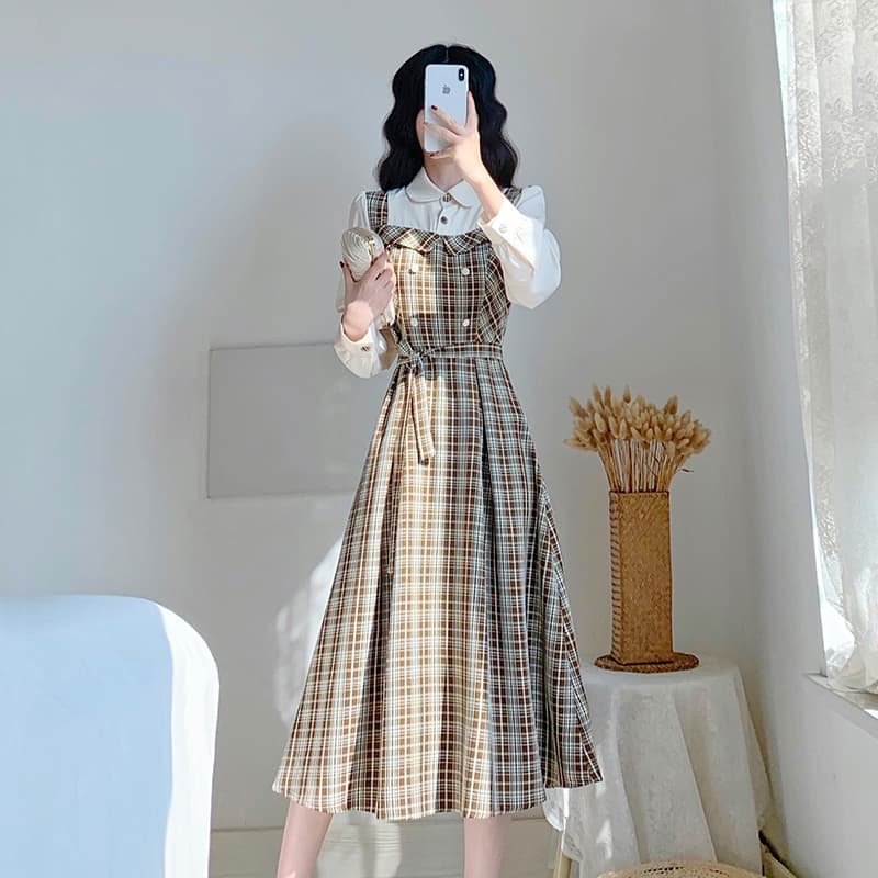 チェック服 レトロ風チェック柄レイヤード風ワンピース