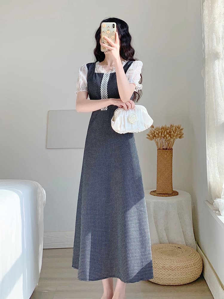 チェック服 タートルネックレイヤード風チェックワンピース