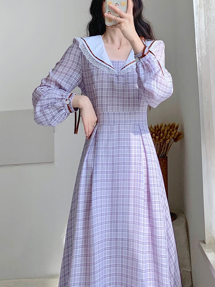 チェック服 チェック柄セーラーカラーワンピース