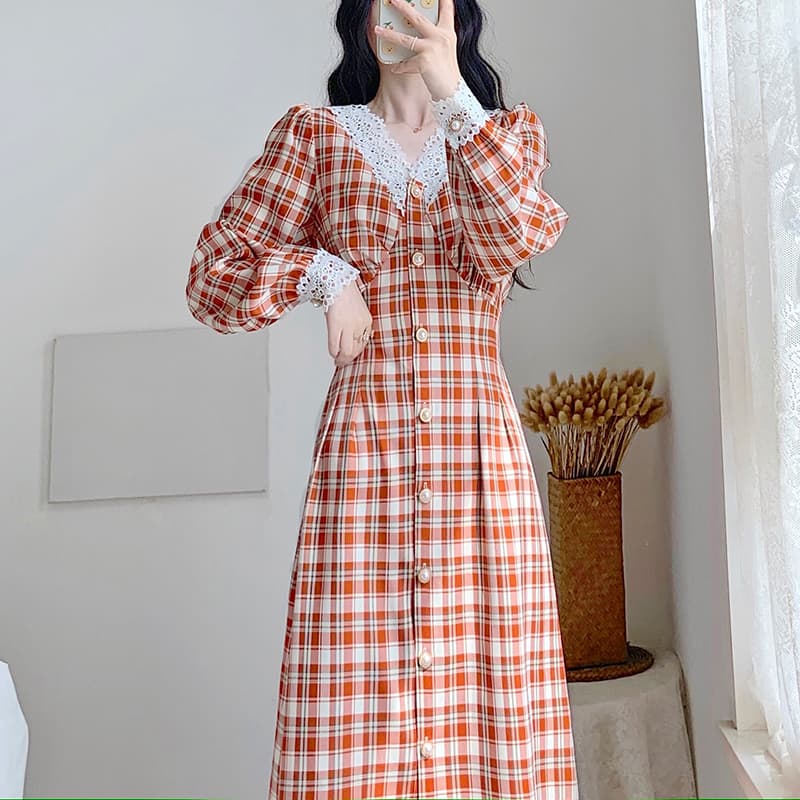 チェック服 優美なレース襟チェックワンピース