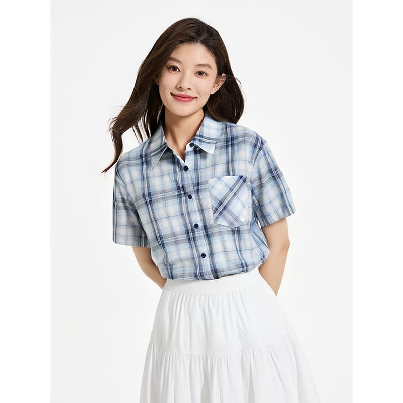 チェック服 レトロ風チェック柄半袖シャツ