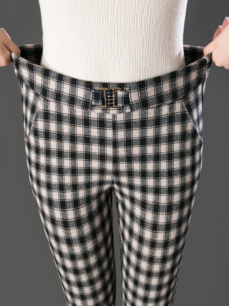 チェック柄ファッション ハイウエスト チェック柄スリムパンツ