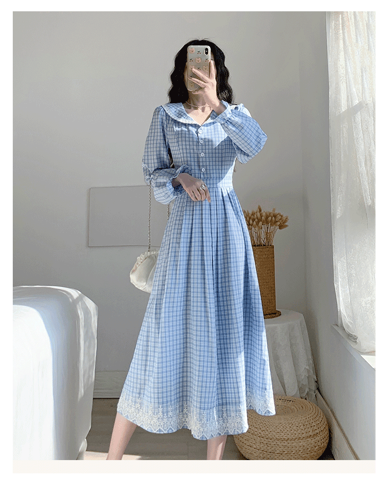 チェック服 クラシカルチェック柄レース切替フレアワンピース