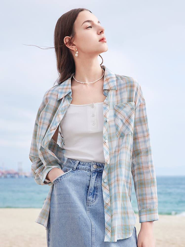 チェック服 レトロ風チェック柄長袖純綿シャツ