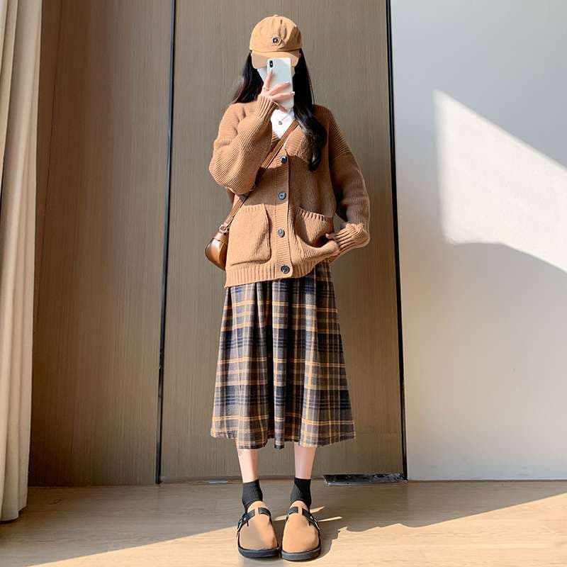 チェック柄ファッション ゆったりシルエットチェック柄ロングスカート
